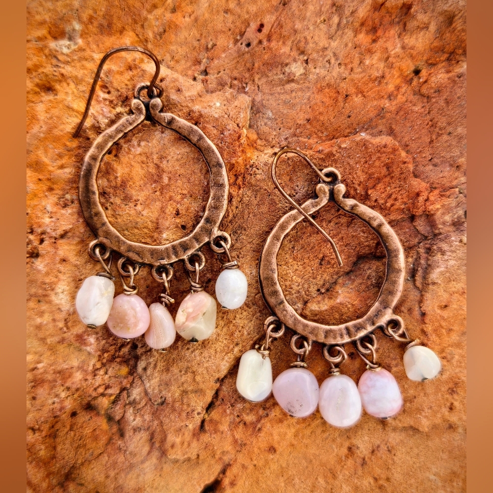 Delicate Feminine Pink Opals On Rugged Hammered Loop Antique Copper Earrings